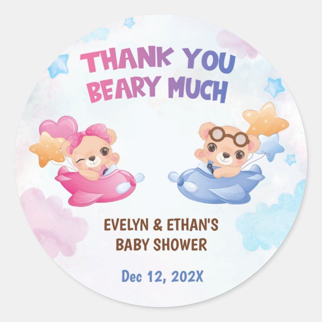 Twins Girl Boy Bear Airplane Babydusche Runder Aufkleber (Vorderseite)