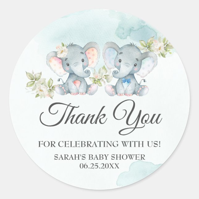 Twins Girl Boy Elephant Baby Showday Gefallen Runder Aufkleber (Vorderseite)