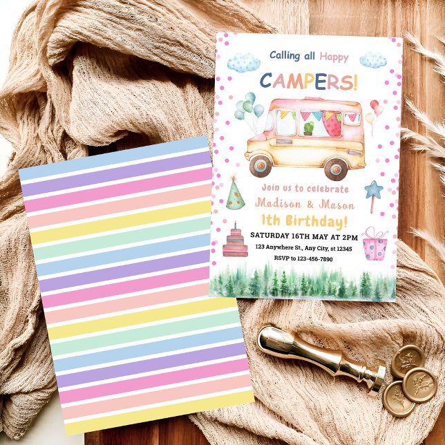 Twins Girl & Boy Happy Camper Einladung zum Geburt (Von Creator hochgeladen)