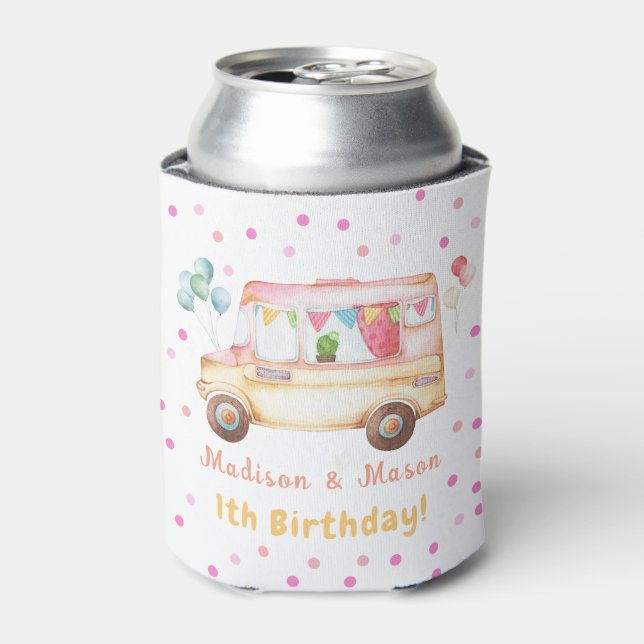Twins Girl & Boy Happy Camper Geburtstag Dosenkühler (Kanne Vorderseite)