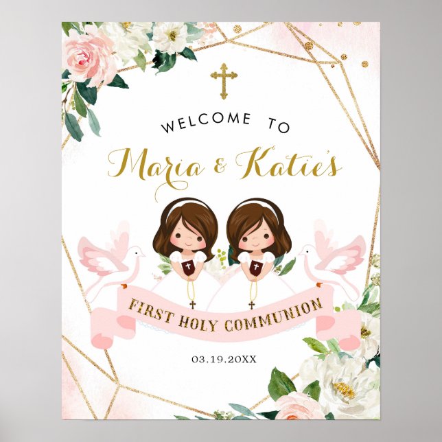 Twins Girl rose Floral Holy Communion Affiche de b (Devant)