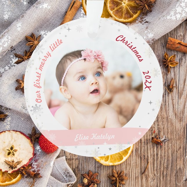 Twins Girls 2 Photos Premier Joyeux Petit Noël (Modern Elegant Cute Our First Merry Little Christmas Twins Baby Girls 2 Photos Snowflakes Stars Pink)