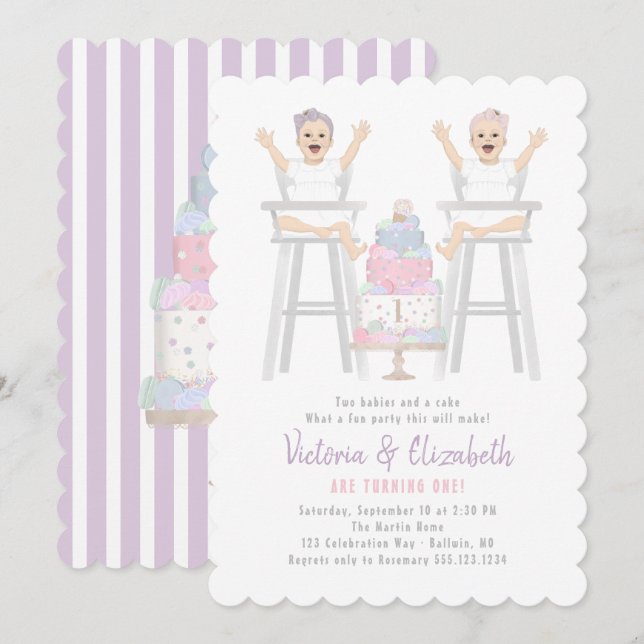 Twins Girls Birthday Smash Cake Invitation (Devant / Derrière)