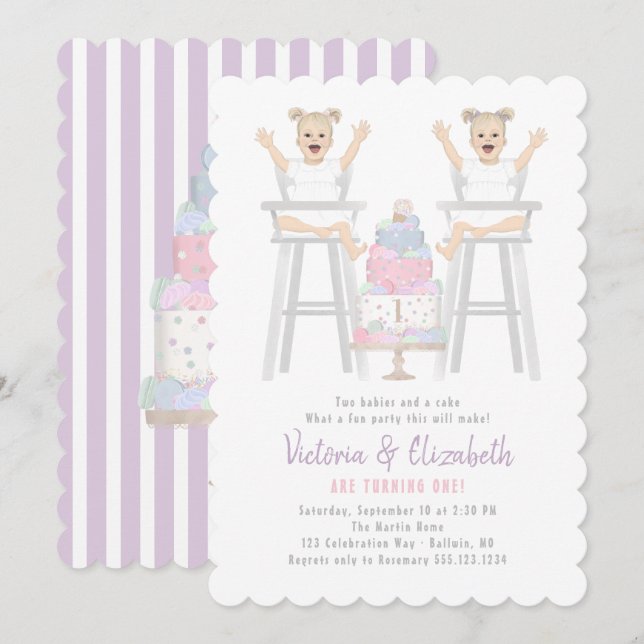 Twins Girls Birthday Smash Cake Invitation (Devant / Derrière)