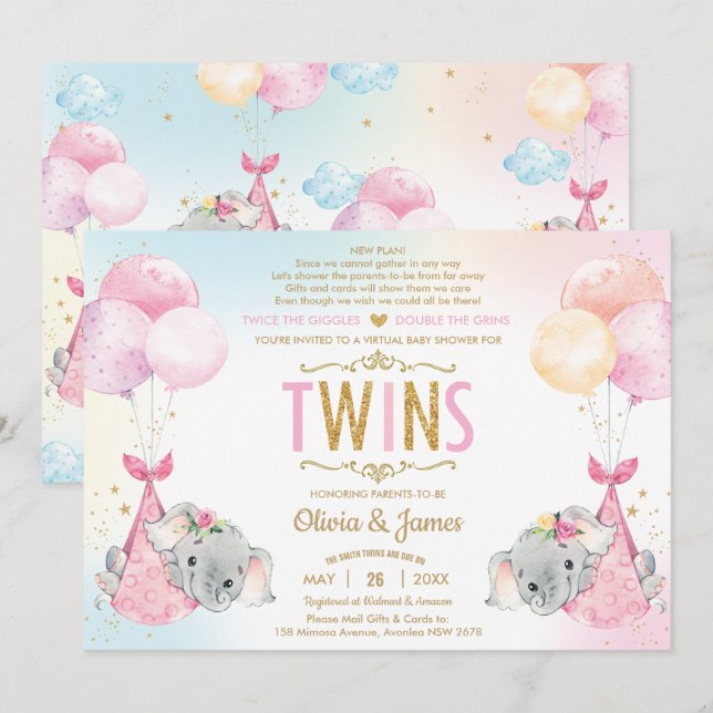 Twins Girls Elephant Virtual Baby Dusche by Mail Einladung (Vorne/Hinten)
