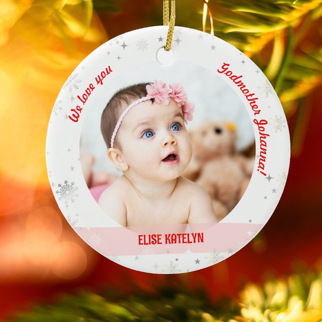 Twins Girls Fotos Godmutter First Christmas Baby Keramik Ornament (Modern We love you, Godmother! First Christmas as Godmother of Twin Baby Girls. 2 Photos. Snowflakes)