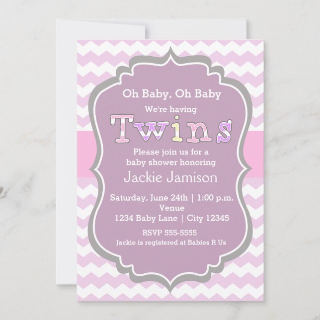 TWINS Girls lila Zickzack Babydusche Einladung (Vorderseite)