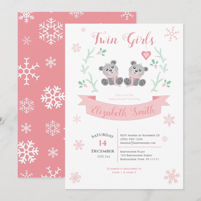 Twins Girls Niedlich Bären Winterbabydusche Einladung (Vorne/Hinten)