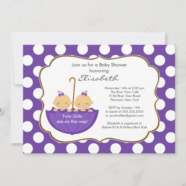 Twins Girls Umbrella Baby Shower Invitation Purple Einladung (Vorderseite)