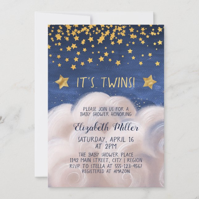 Twins Golden Stars Baby shower Invitation (Devant)
