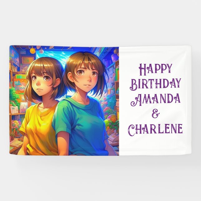 Twin's Happy Birthday Banner Anime Themed (Horizontal)
