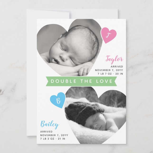 Twins Heart Frames Foto Collage Girl Boy Birth Ankündigung (Vorderseite)