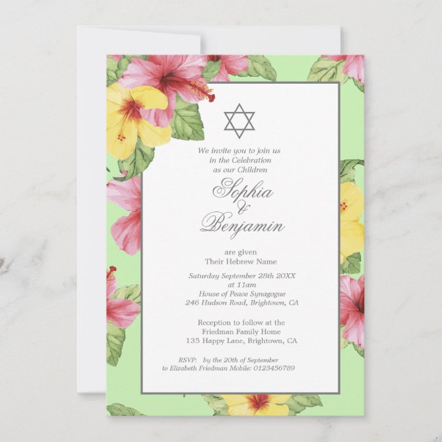 Twins Hebrew Baby Naming Jewish Tropical Floral Einladung (Vorderseite)