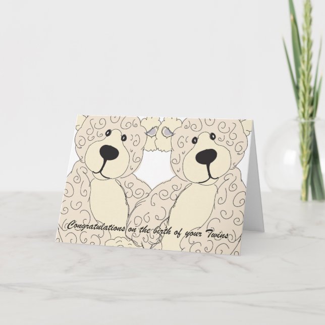 Twins Herzlichen Glückwunsch Teddy Bear in Cremes Karte (Vorderseite)