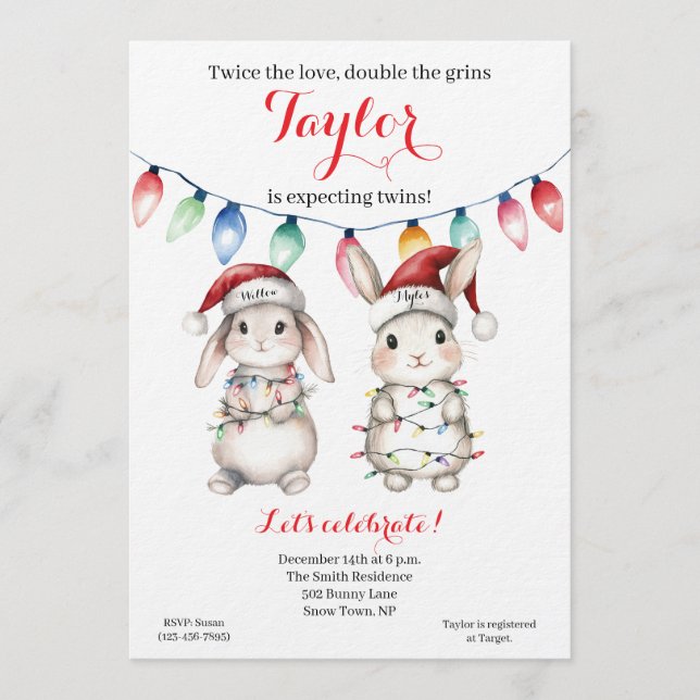 Twins Holiday Lights Baby Shower Invitation (Devant)