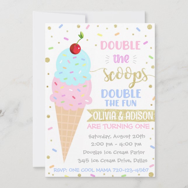 Twins Ice Cream Einladung, Twins Geburtstag Einladung (Vorderseite)