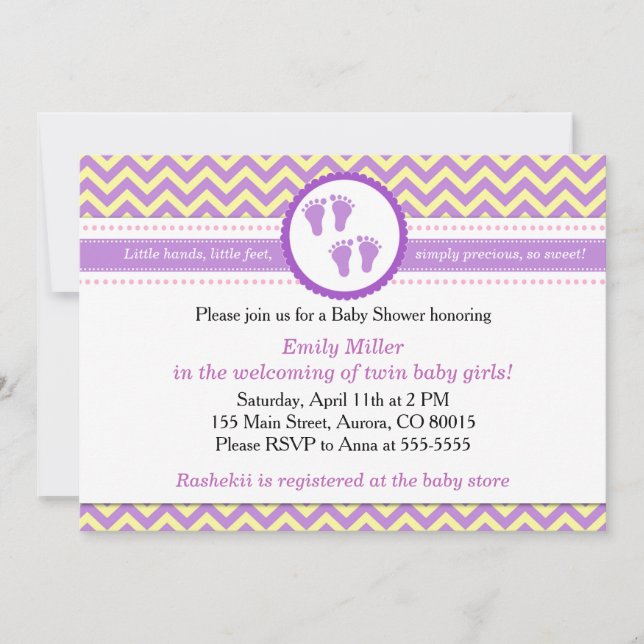 Twins Invitation Baby Girl Dusche Lila Gelb Einladung (Vorderseite)