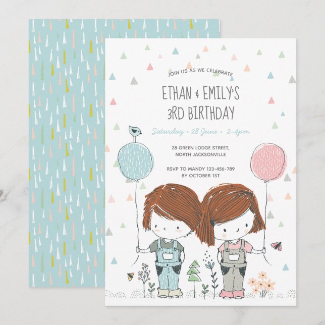 Twins Kindergeburtstag Einladung whimsical (Vorne/Hinten)