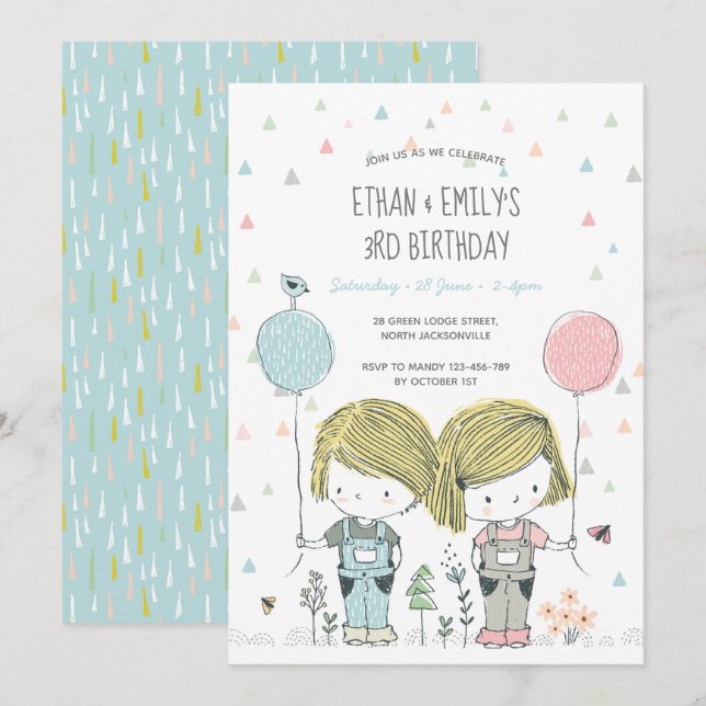 Twins Kindergeburtstag Einladung whimsical (Vorne/Hinten)
