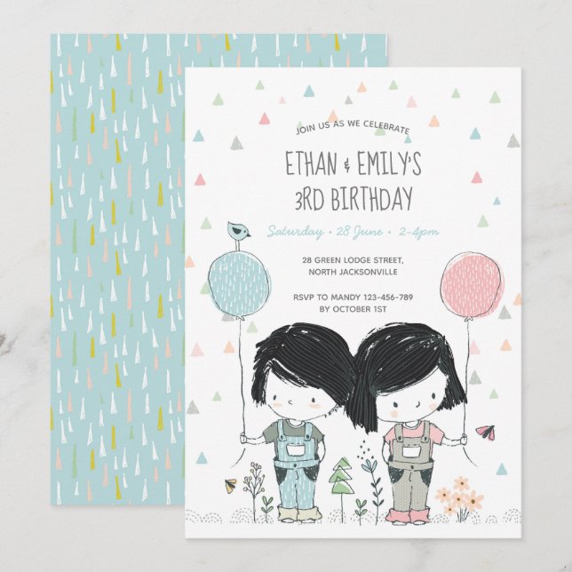 Twins Kindergeburtstag Einladung whimsical (Vorne/Hinten)