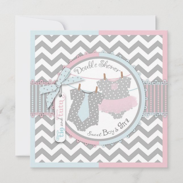 Twins Krawatte Tutu Zickzack Baby Dusche Einladung (Vorderseite)