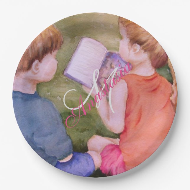 TWINS LESEN EINES BUCHMONOGRAMM-PARTY PAPPTELLER (Vorderseite)