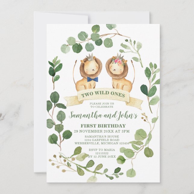Twins Lion Cubs Birthday Invite Einladung (Vorderseite)