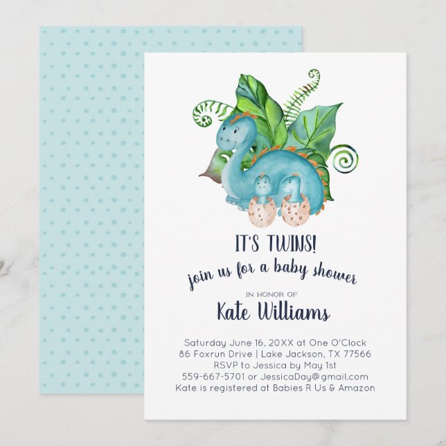 Twins Little Dinosaurier Baby Shower Einladung (Vorne/Hinten)