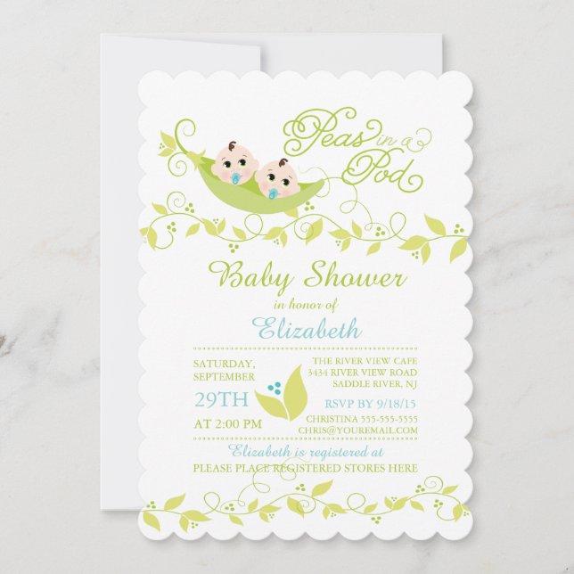 Twins Little Peas Boys Baby shower Invitation (Devant)