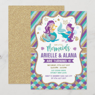 Twins Mermaid Anniversaire Invitation Filles Pool 