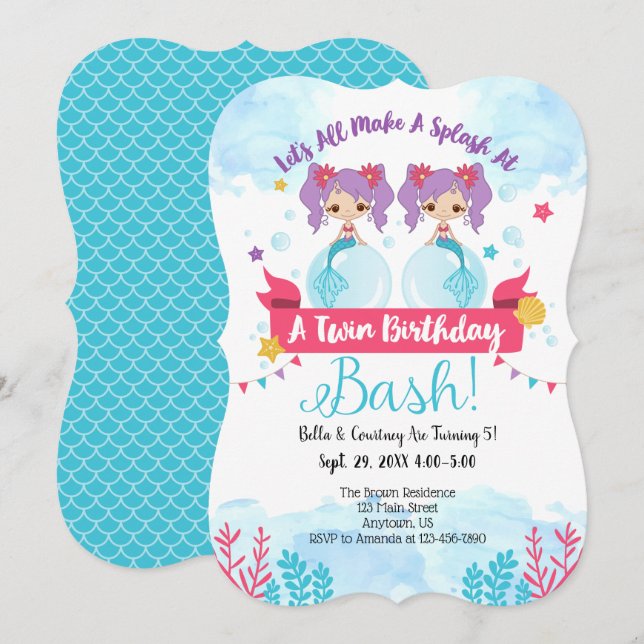 Twins Mermaid Birthday Einladung (Vorne/Hinten)