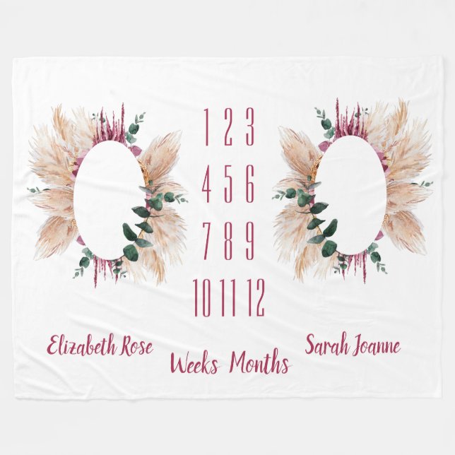 Twins Milestone Baby Blanket Pampas & Eucalyptus Fleecedecke (Vorderseite (Horizontal))
