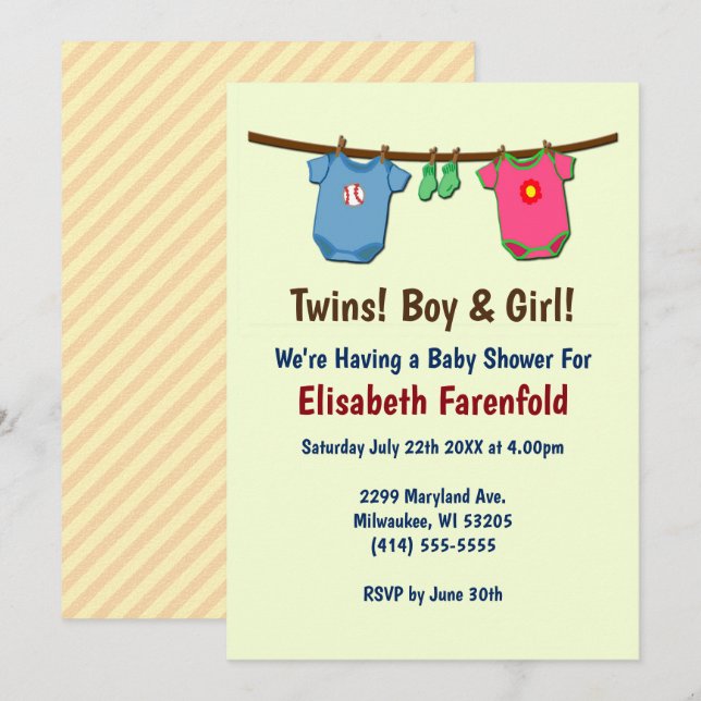 Twins mit Boy & Girl Baby Shower im Rahmen einer E Einladung (Vorne/Hinten)