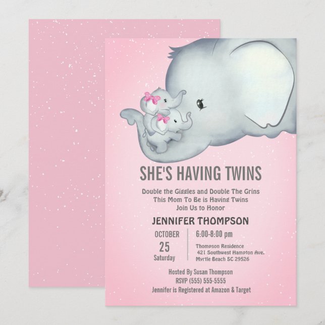 Twins Mommy Girls Pink Elephant Invitation (Devant / Derrière)