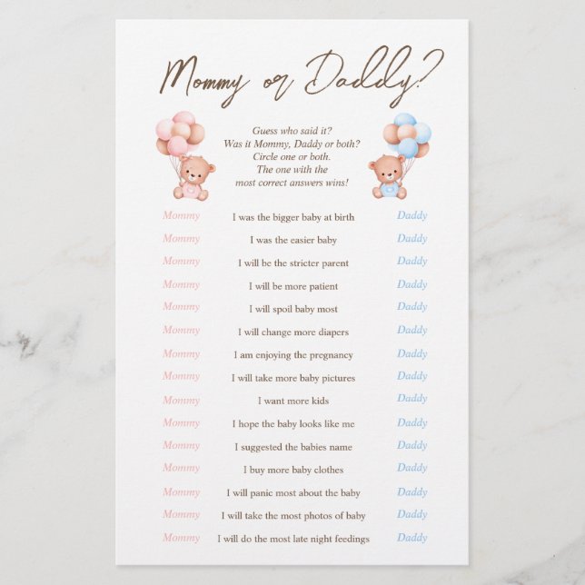 Twins Mommy or Daddy Bear Baby Showspiel Flyer (Vorne)