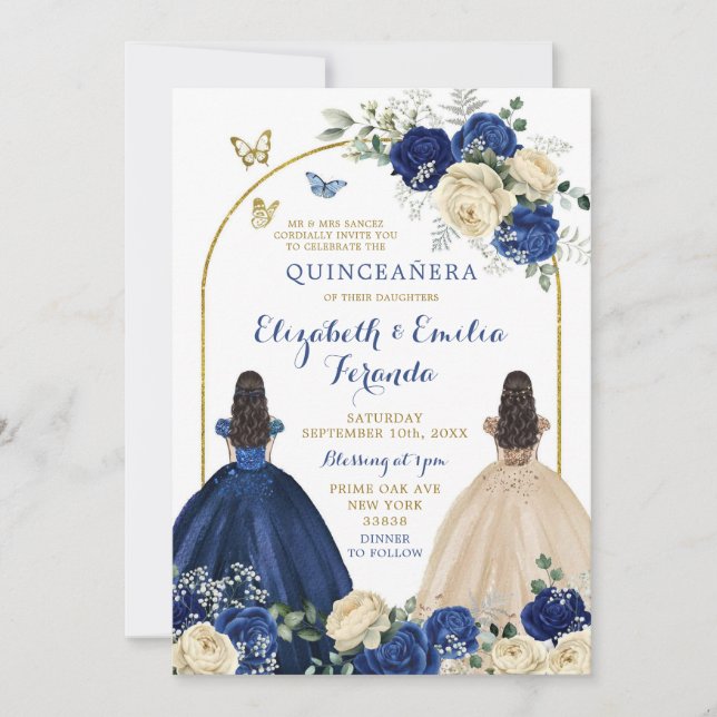 Twins Navy Blue Ivory Princesses Quinceañera Einladung (Vorderseite)