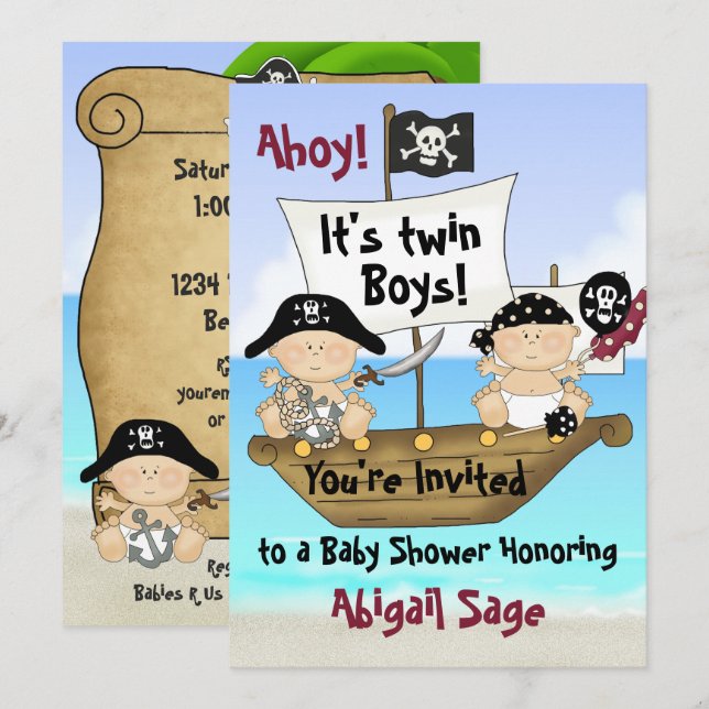 Twins Niedlich Little Buccaneer Baby Shower Pirate Einladung (Vorne/Hinten)