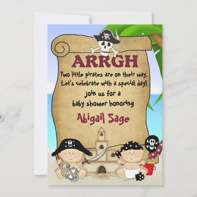 Twins Niedlich Little Pirates Buccaneers Babydusch Einladung (Vorderseite)