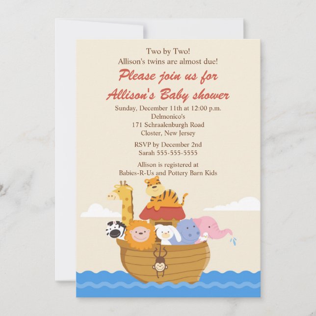 TWINS! Noah's Ark Boy oder Girl Baby Shower Einladung (Vorderseite)