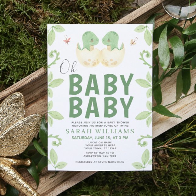 Twins Oh Baby Dinosaur Aquarelldusche Einladung (Get ready for a Jurassic celebration with our adorable dinosaur baby shower invitations! 🦕)