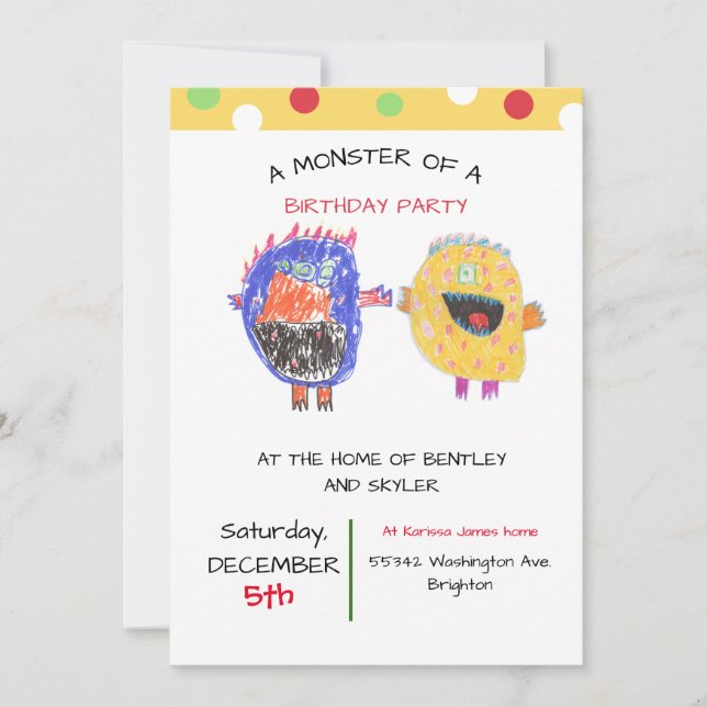 TWINS ou SIBLING Invitation Monster fête d'anniver (Devant)