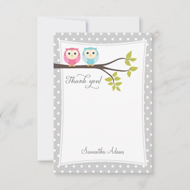 Twins Owls Carte de remerciements (Grey) (Devant)