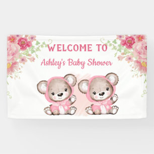 Twins Pink Bears Floral Custom Baby Dusche Banner