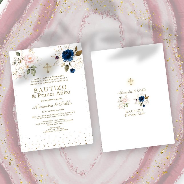 Twins Pink Blue Flowers Primer Añito Bautizo Einladung (Twins Pink Blue Flowers Primer Añito Bautizo Invitation, trendy, elegant, modern, rustic)
