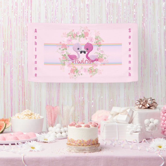 Twins Pink Flamingo Baby Shower Personalized Banner (Party)