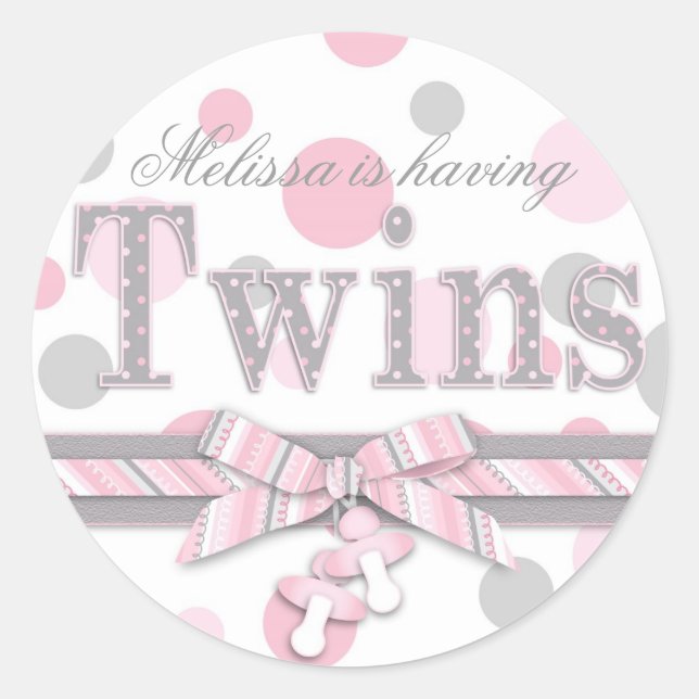 Twins Pink & Grey Polka Dots Baby Dusche Runder Aufkleber (Vorderseite)