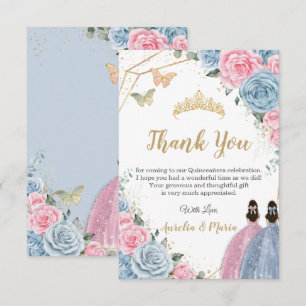 Twins Quinceañera Baby Blau Rosa Florale Prinzessi Dankeskarte
