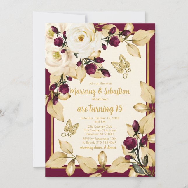 Twins Quinceañera Champagne Burgundy Gold Frame Einladung (Vorderseite)