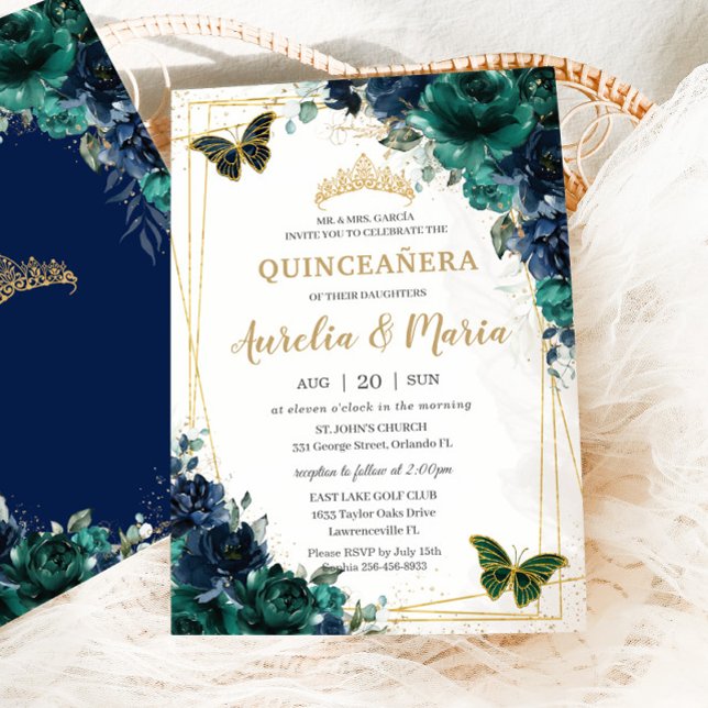 Twins Quinceañera Emerald Green Navy Blue Floral Einladung (Von Creator hochgeladen)
