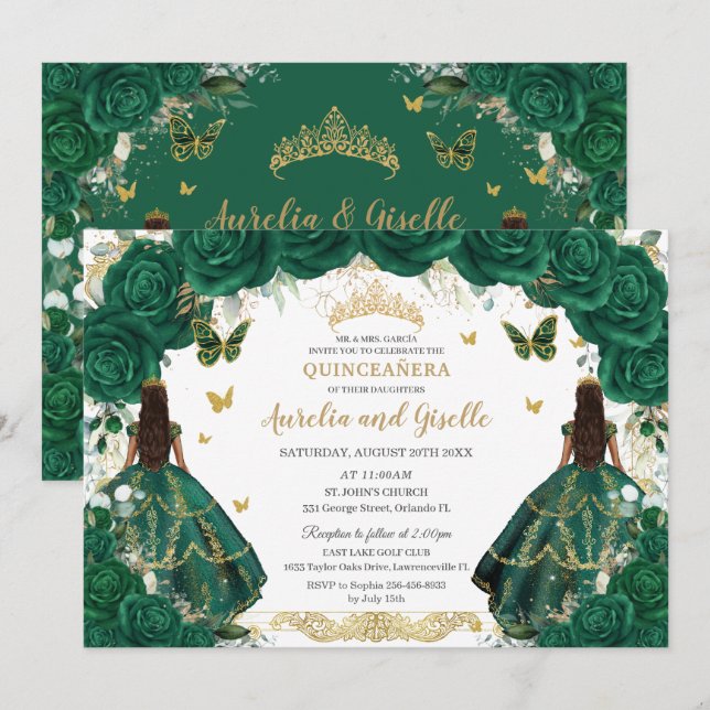 Twins Quinceañera Princesses Emerald Green Floral Einladung (Vorne/Hinten)